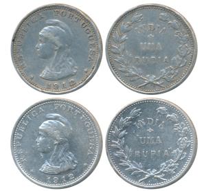 Silver Uma Rupia / Rupee, obv.liberty head to left, 1912 AD, the digit 2 in the date re-en