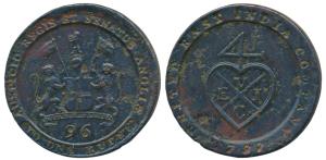Copper ½ Dub or 1/96 Rupee, 6.71g, 1797, coat of arms of the EIC on obv., bale mark on rev