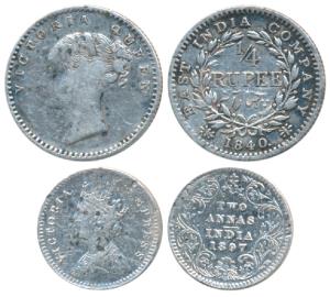 Victoria Queen, Silver ¼ Rupee, 1840, continuous legend; Victoria Queen and Empress, Silve