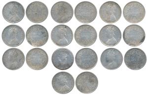 Victoria Queen, Silver Rupee (10), 1862, all different varieties and types, 0 dots to 7; 1