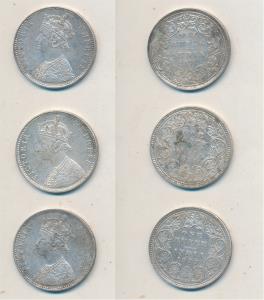 Victoria Empress, Silver Rupee (3), 1877 (2), and 1880, all with dot.Very Fine+ to About E