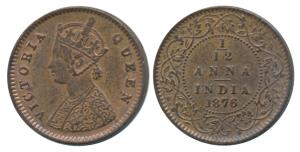 Victoria Empress, Copper 1/12 Anna, 1876, Calcutta Mint (Prid 785). Extremely Fine.