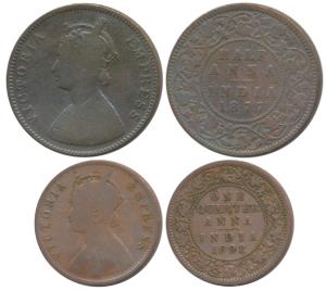 Victoria Empress, Copper ½ Anna, 1877; Copper ¼ Anna, 1892. Fine. (2)