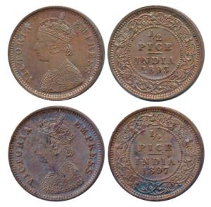 Victoria Empress, Copper ½ Pice, 1893 and 1897. About Uncirculated. (2)