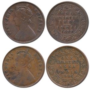 Victoria Empress, Copper ¼ Anna (2), 1897 and 1901, both Calcutta Mint, (Prid 630 & 634). 