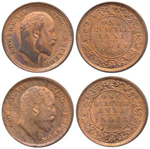 Edward, Copper ¼ Anna, 1904 and 1906. Uncirculated. (2)