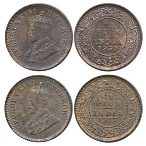 George V, Copper ½ Pice, 1917 and 1930. Extremely Fine and Uncirculated. (2)
