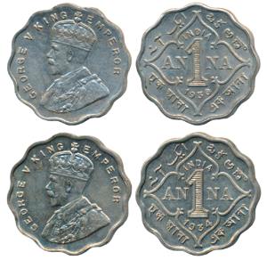 George V, Cupro-Nickel Anna (2), 1930 and 1934 Calcutta Mint (Prid 936 & 938). Extremely F