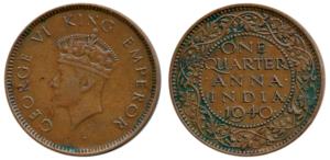 George VI, Bronze ¼ Anna, 1940, Bombay Mint, dot over N of ’ONE’, 1st Head (Prid 691).Very