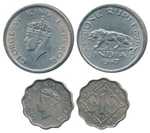 George VI, Cupro-Nickel Anna, 1940, Calcutta Mint; George VI, Nickel Rupee, 1947, Lahore M