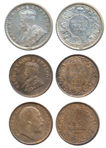 George V, Silver ¼ Rupee, 1930, Calcutta Mint; Edward and George V, Copper 1/12 Anna, 1909