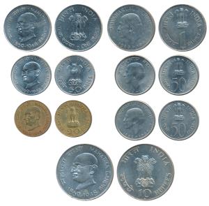 1969, Gandhiji Birth Centennial, set of 4, 20 Paise to Silver Rupees 10, (4); 1964 Birth A