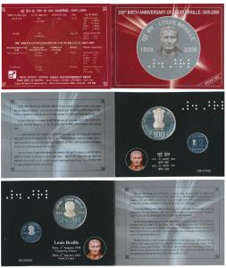 2009 Proof Set, 200th Birth Anniversary of Louis Braille, set of 2, Rupees 2 and 100. In i