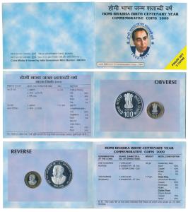 2009 Proof Set, Homi Bhabha Birth Centenary, set of Rupees 10 (bi-metal) and 100. In immac