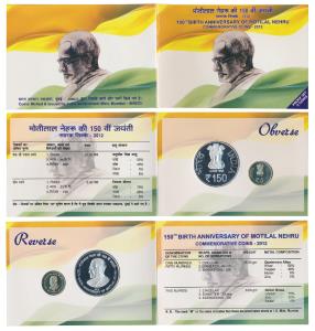 2012 Proof Set, 150th Birth Anniversary of Motilal Nehru, set of 2, Rupees 5 and 150. In i