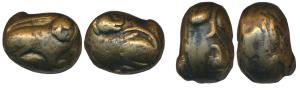 Brass Mughal Weight, 58.27g, Late Mughal Period, large oval blob depicting a lion on both 