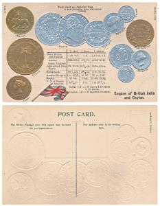 Embossed Postcard with impression of British India (William and Victoria Rupee and Mohur) 