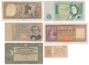Assorted lot of 6 notes of various countries and denominations, England, One Pound; Italy 