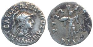 Indo-Greeks, Menander I, Silver Drachm, 2.37g, obv. helmeted bust of the king to right wit