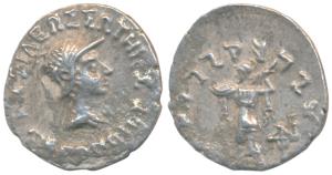 Indo-Greeks, Menander I, Silver Drachm, 2.37g, obv. helmeted bust of the king to right wit