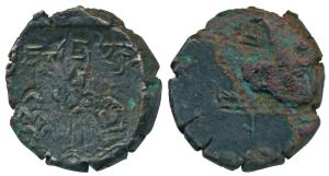 Mathura, Bhanumitra (1st century BC), Copper, obv. goddess Lakshmi standing in the centre 