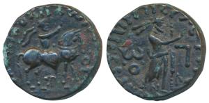 Indo-Parthians, Gondophares, Copper Tetradrachm, 9.69g, obv. king holding a whip, mounted 