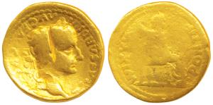 Roman, Tiberius, Gold Aureus, 7.51g, obv. laureate head of the king facing right with chop