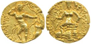 Guptas, Kumaragupta I, Gold Dinar, 8.09g, Lion-slayer type, obv. king standing right, wear