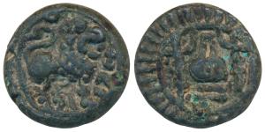 Vishnukundins, Andhra Region, Copper base Alloy, 8.08g, obv. lion standing to right with u