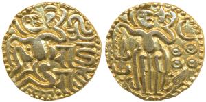 Imperial Cholas, Rajaraja I, Base Gold Kahavanu, 4.31g, obv. king reclining on mat with De