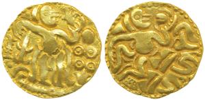 Imperial Cholas, Rajaraja I, Base Gold Kahavanu, 4.36g, obv. king reclining on mat with De