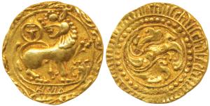 Kadambas of Hangal, Toyimadeva (1048-1075 AD), Gold Pagoda, 4.22g, obv. lion advancing rig