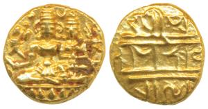 Vijayanagar Empire, Devaraya I, Gold Pagoda, 3.42g, obv. Shiva-Parvati seated, Siva holdin