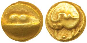 Anonymous, Hudki Gold ½ Pagoda, 1.64g, obv. a boat like uncertain symbol, with Persian leg