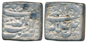 Akbar, Silver Square Rupee, 11.09g, Delhi Mint, Ilahi type, Year 35, mint name at top (KM 