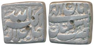 Akbar, Silver Square Rupee, 11.17g, Multan Mint, Ilahi type, Month Aban, Year 38 (KM 88.4)