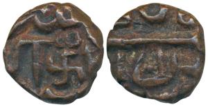 Akbar, Copper 1/8 Dam, 2.28g, Mintless, style that of Mangarh Mint, obv. Swastika within P