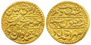 Jahangir, Gold Mohur, 10.8g, Ahmedabad Mint, obv. Persian legend Jahangir Shah Akbar Shah 
