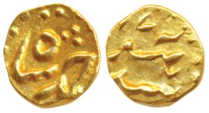 Ahmed Shah Bahadur, Gold Fanam, 0.15g, Siddhaut Mint. About Extremely Fine, Very Rare.