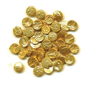 Gold Fanams (50), obv. Kali, rev. the Rangarau legend transformed into a geometrical desig