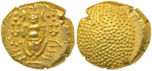 Negapatnam, Gold Pagoda, 3.37g, Lazy J with Lord Vishnu standing, facing front on obv. gra