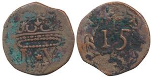 Goa, Joao V, Copper 15 Reis, obv. a large crown with initials of the ruler and date 1717 b