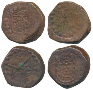 Damao (Daman), John V, Copper 10 Reis (2), 10.2g & 10.78g, obv. crowned arms, rev. three c