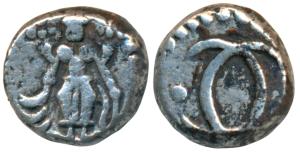 Silver 2 or Double Fanam, 1.91g, obv. large and complete figure of Vishnu standing, rev. i