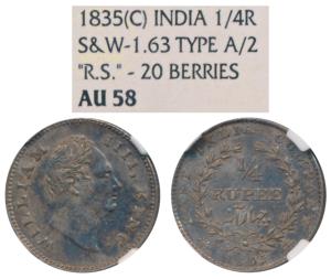 William IV, Silver ¼ Rupee, 1835, Calcutta Mint, RS incuse, Wreath with 20 Berries (10L+10