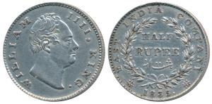 William IV, Silver ½ Rupee, 1835, Calcutta Mint, F incuse, 20 Berries (Prid 69). Extremely