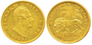 William IV, Gold Mohur, 1835, Calcutta Mint, R. S. initials incused on truncation, rev. li