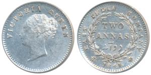 Victoria Queen, Silver 2 Annas, 1841, continuous legend, Calcutta Mint, English Head, Cres