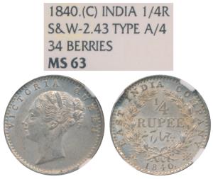 Victoria Queen, Silver ¼ Rupee, 1840, continuous legend, Calcutta Mint, Indian head, incus