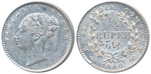 Victoria Queen, Silver ¼ Rupee, 1840, continuous legend, Calcutta Mint, Indian head, incus
